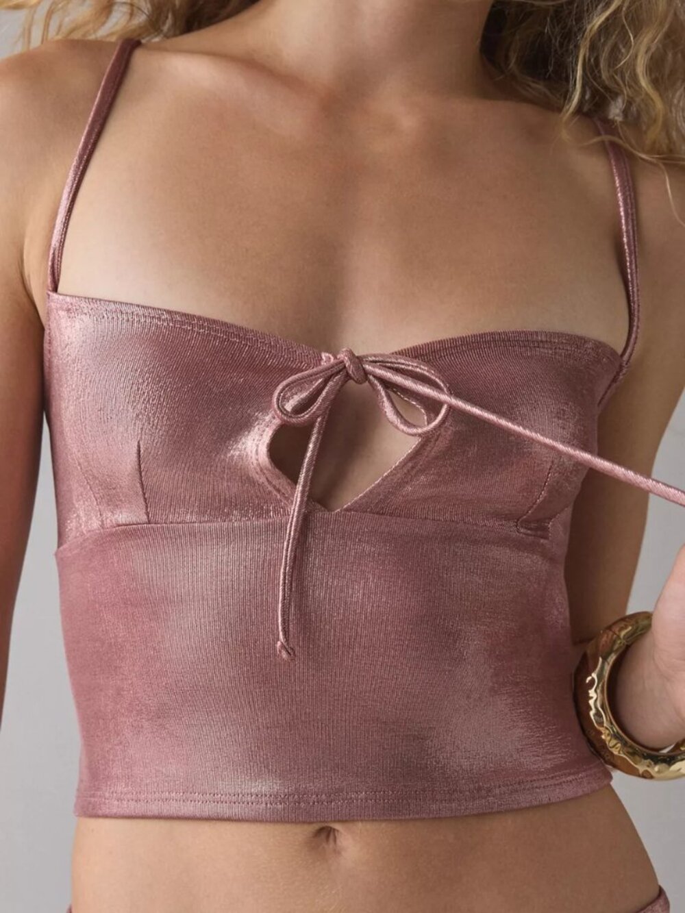 UO Melody Metallic Tie-Front Keyhole Cutout Cropped Tank Top